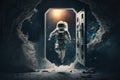 artistic astronaut in weightless environment, floating and exploring