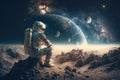 artistic astronaut in weightless environment, gazing out at distant planets and stars