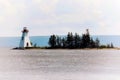 Artistic, atmospheric shot of lighthouse and row of trees