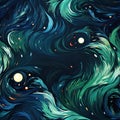 Artistic background with vibrant swirls and stars in dark blue and green (tiled) Royalty Free Stock Photo