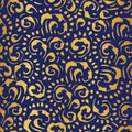 Hand-Drawn Gold Foil Vintage Swirls Vector Seamless Pattern on Dark Blue Background. Elegant Classic Background Print Royalty Free Stock Photo