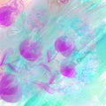 Delicately painted colorful illustration . Overflowing Purple Poppies on watercolor background.