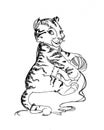 Cartoon graphic artwork of little tiger cub playing with ball of yarn Royalty Free Stock Photo