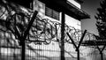 Artistic black and white photo of a graffiti on a wall behind barbed wire