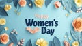 Artistic blue background with papercut flowers and Happy Women's Day message.