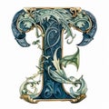Artistic Blue Dragon Letter T With Art Nouveau-inspired Illustrations