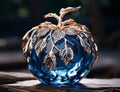 Artistic blue and gold glass apple. AI generated