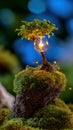 Artistic bonsai tree with a glowing light bulb symbolizing creativity and innovation in nature Royalty Free Stock Photo