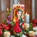 Artistic candle with a stylized sacred image surrounded by roses and leaves. Royalty Free Stock Photo
