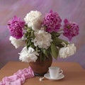 Artistic classic still life with white and pink peony flowers bunch