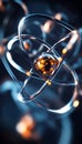 Artistic close up of an atom showcasing nucleus and rotating electrons in dynamic interaction