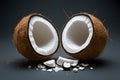 Artistic close up of cracked coconut on dark background