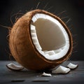 Artistic close up of cracked coconut on dark background