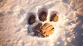 An artistic close-up of a polar bear\'s paw imprinted on freshly fallen snow, AI Generative