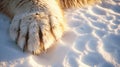An artistic close-up of a polar bear\'s paw imprinted on freshly fallen snow, AI Generative