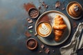Artistic coffee and croissant setup with chocolate pieces