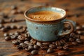 Artistic coffee still life featuring a cup of coffee and scattered coffee beans on table Royalty Free Stock Photo