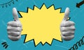 Artistic collage depicting large symbol of thumbs up gesture inside speech bubble on blue background