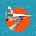 Artistic Collage: Paper Airplane with a Man Seated, Holding a Laptop and a Lightbulb as a Head