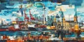 Artistic collage showcasing the diverse sights of Hamburg, Germany, with a colorful mix of architecture, ships, and port