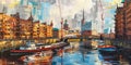 Artistic collage showcasing the diverse sights of Hamburg, Germany, with a colorful mix of architecture, ships, and port