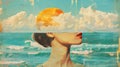 Artistic collage of woman profile, ocean, and sun in vintage style.