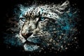 An artistic, color, realistic portrait of a snow leopard with abstract strokes on a black background. Generative AI Royalty Free Stock Photo