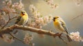 The beauty of finch birds perched on the delicate branches of a flowering tree