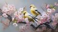 The beauty of finch birds perched on the delicate branches of a flowering tree,