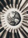 Artistic composition of a detailed hand-drawn globe surrounded by radial arrangement of sharpened graphite pencils symbolizing Royalty Free Stock Photo