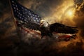 Artistic composition featuring a bald eagle in flight with an american flag backdrop against a dramatic sunset Royalty Free Stock Photo