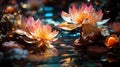 An artistic composition featuring neon flowers in a serene pond