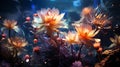 An artistic composition featuring neon flowers in a serene pond,