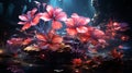 An artistic composition featuring neon flowers in a serene pond