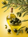Olives and olive oil and olive leaves floating on a green background Royalty Free Stock Photo