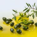 Olives and olive oil and olive leaves floating on a green background Royalty Free Stock Photo