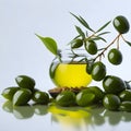 Olives and olive oil and olive leaves floating on a green background Royalty Free Stock Photo