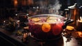 Artistic composition mulled wine pot simmering stove, side view, spices swirling hot liquid, ethereal steam rising, dark kitchen