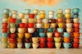Colorful Stack of Vintage Teacups, Retro Kitchen Still Life Royalty Free Stock Photo