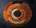 Artistic composition of various nuts arranged in a circular pattern on a dark background