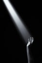 Artistic conceptual monochrome photo of hand reaching into a beam of light Royalty Free Stock Photo