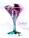Artistic cosmopoliatn cocktail silhouette with alcohol ink texture. Marble texture background