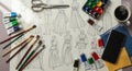 Artistic creation process drawing sketches with paints brushes and scissors top view Royalty Free Stock Photo
