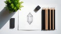 Artistic creation process with pencils erasers and a plant on a white surface Royalty Free Stock Photo