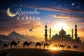 Ramadan Kareem, Silhouette of Mosque, Camels, Sunset, Desert, Religious Celebration, Stock Photo Royalty Free Stock Photo