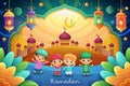Children celebrating Ramadan, mosque background, vibrant illustration, decorative lanterns, for greeting card or poster Royalty Free Stock Photo