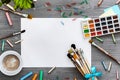 Artistic creative background art work supplies and mockup blank paper, flat lay