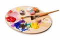Artistic Creativity Unleashed Wooden Art Palette with Colorful Paint Blobs and Brushes on White Background. created with
