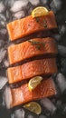 Artistic culinary concept Portioned salmon fillets showcased on ice