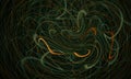 Artistic 3d flow of particles or elements in shape of worms or twirls in golden green hues over dark background.